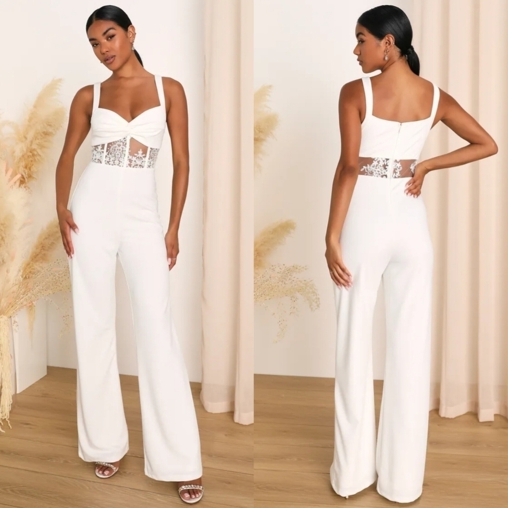 Lulus Adore the Feeling White Sheer Lace Bustier Twist-Front Jumpsuit S Wedding